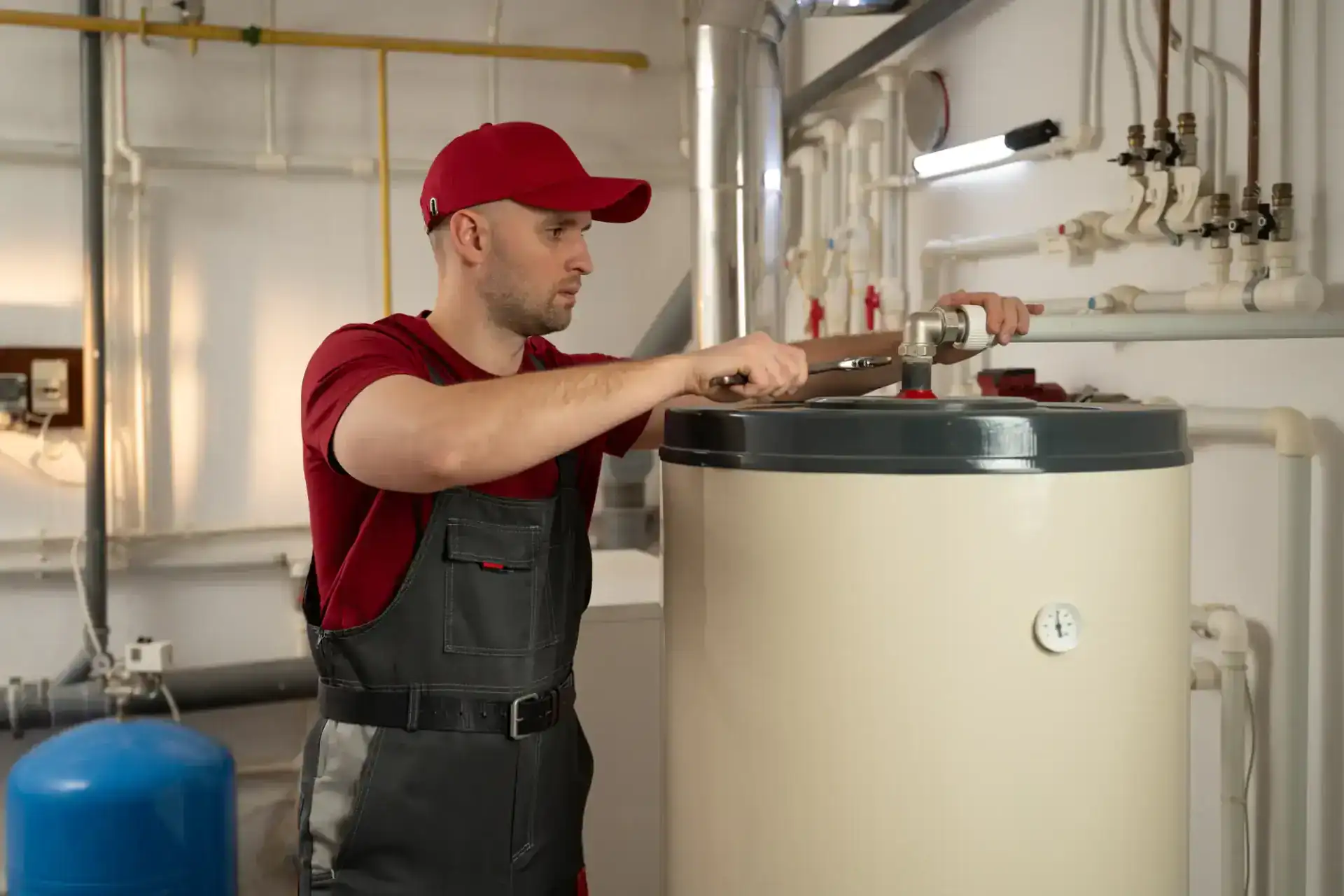 A plumber in Pasco County, FL, wearing a red cap and uniform, uses a wrench to adjust pipes on top of a large water heater in a utility room filled with visible plumbing and equipment.